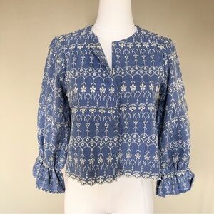 Zara NWT blue & white eyelet crop top balloon sleeves ruffle cuffs S